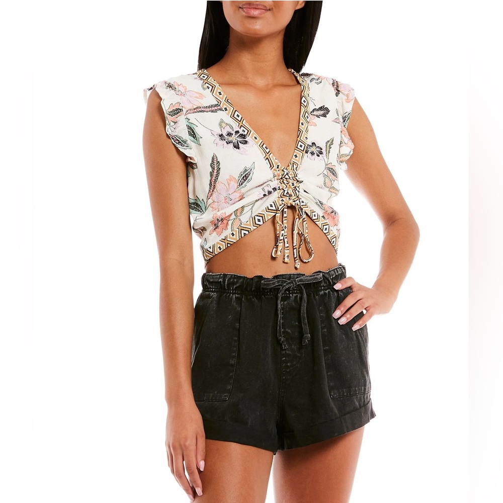 Hurley • Island Batik Floral Print Front Drawstring Crop Top • White Floral • S